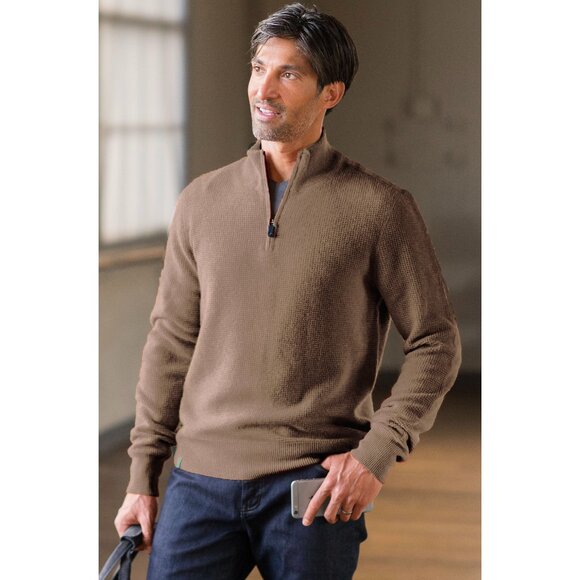 QOR 9 Gauge Cashmere Thermal Half Zip Tan Medium - Picture 1 of 11